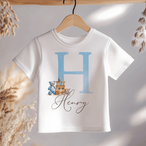 Personalised Kids Blue Initial Teddy Bear & Train T-Shirt for Boys