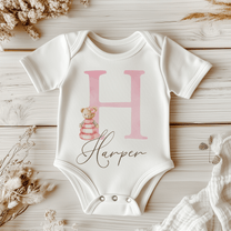 Personalised Pink Initial Teddy Bear in Dress Baby Vest Bodysuit