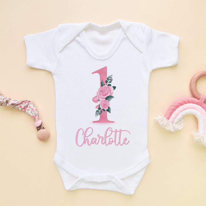 1st Birthday Pink Floral Personalised Baby Bodysuit - Little Lili Store (8902904742168)