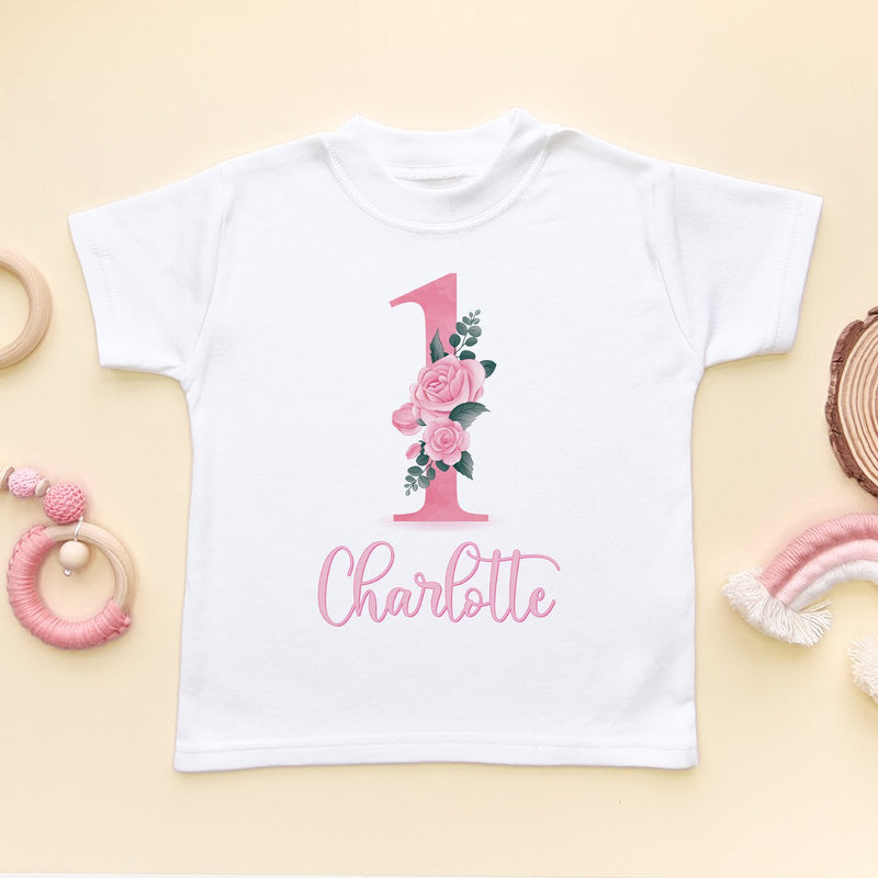 1st Birthday Pink Floral Personalised Toddler T Shirt - Little Lili Store (8902952845592)