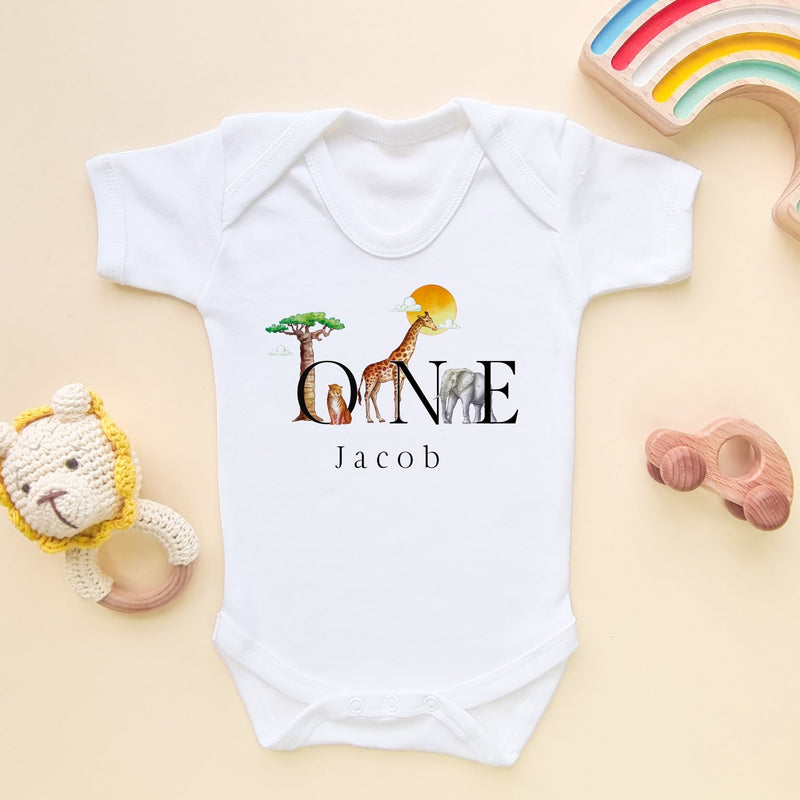 1st Birthday Safari Animals Personalised Baby Bodysuit - Little Lili Store (8098447130904)