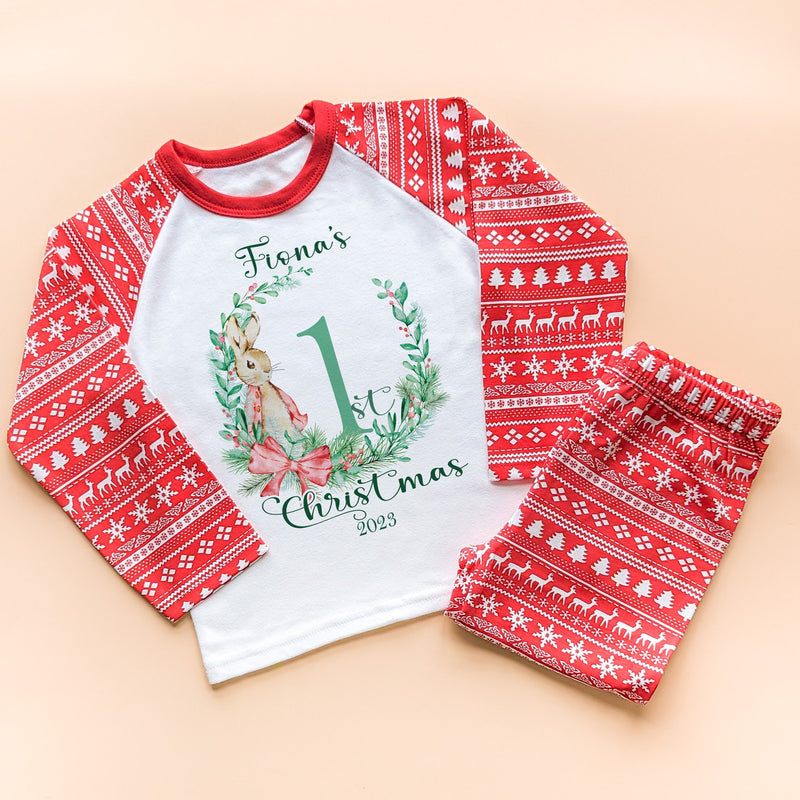 1st Christmas Wreath Peter Rabbit Inspired Personalised Girl Toddler & Kids Pyjamas Set - Little Lili Store (8754530681112)