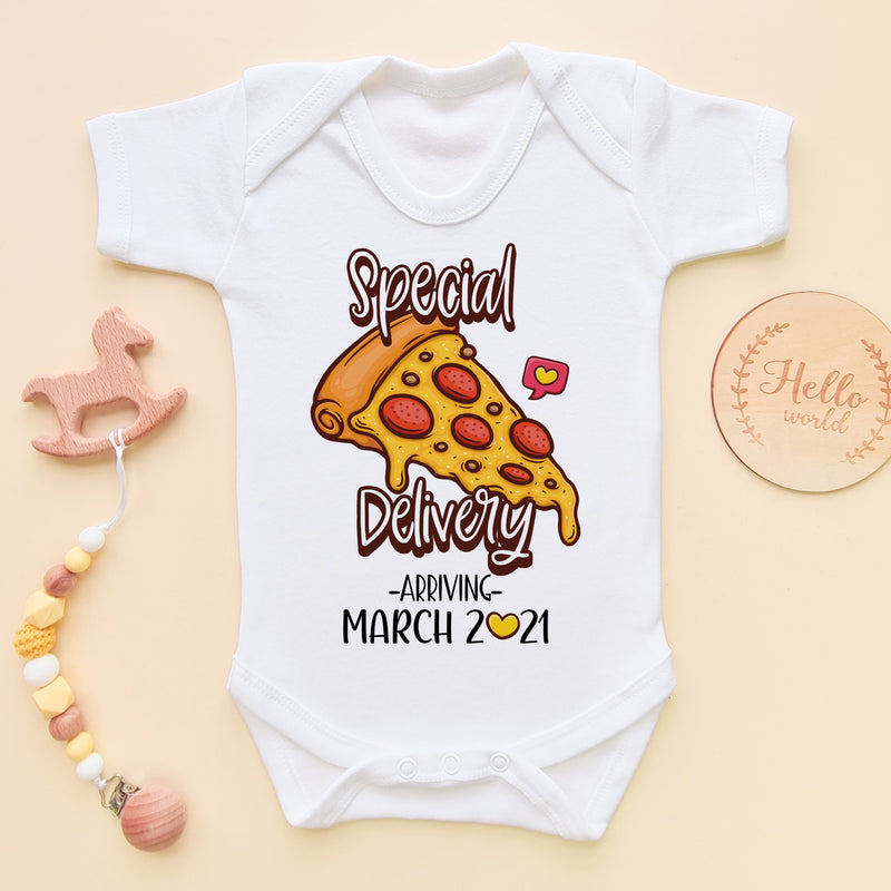 Personalised Date Special Delivery Funny Pizza Baby Bodysuit (5861000577096)