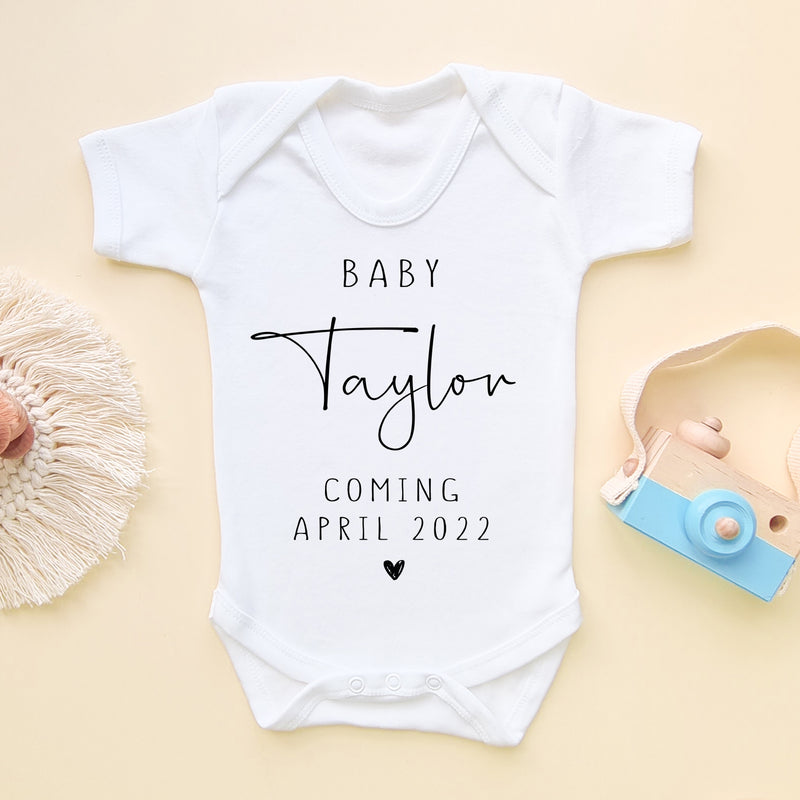 Baby Coming Personalised Name & Date Bodysuit (6568534736968)