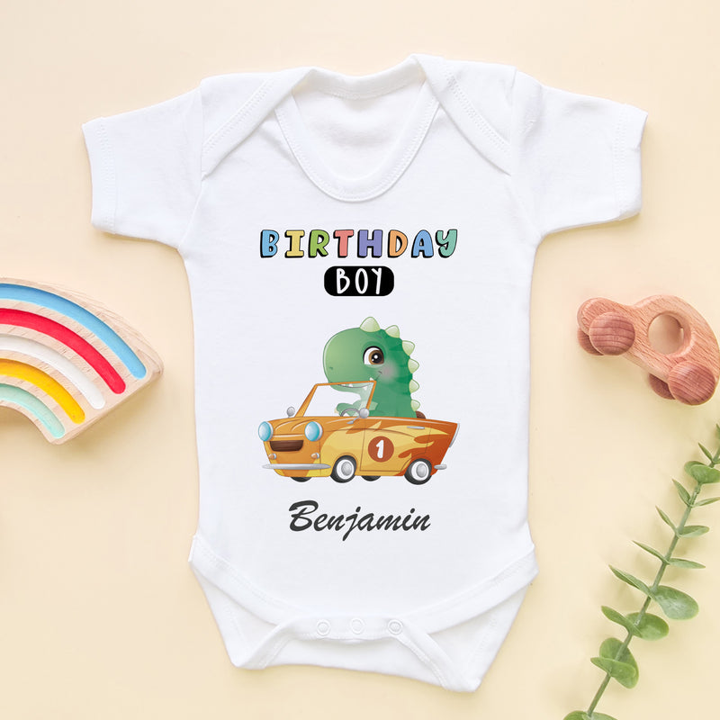 1st Birthday Racing Dino Personalised Baby Bodysuit (6564940578888)
