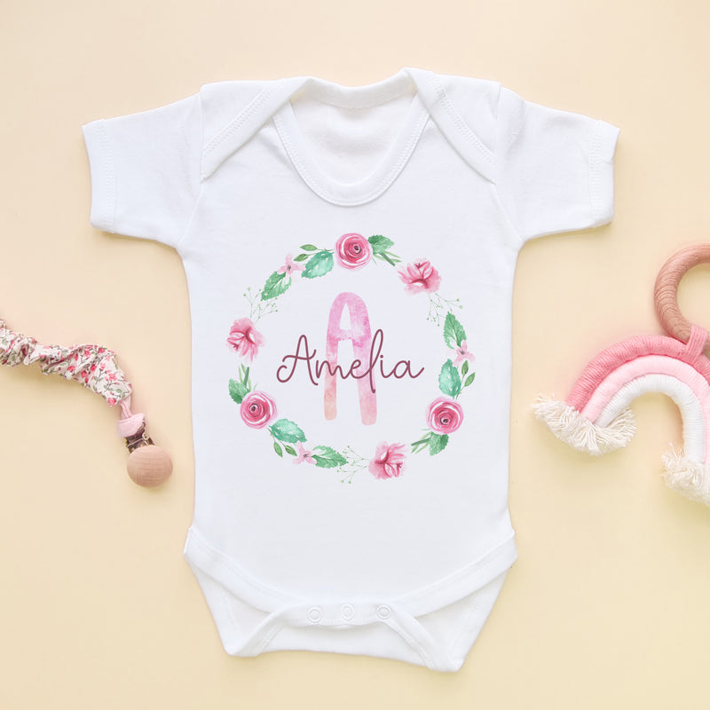 Personalised Girl Name Wreath Baby Bodysuit (5861342937160)