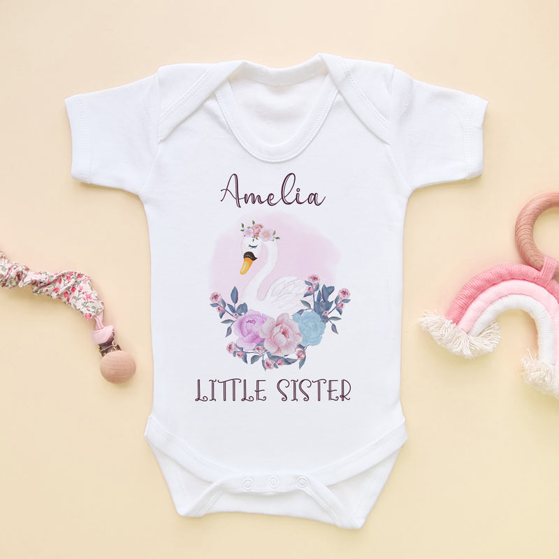 Personalised Little Sister Cute Swan Baby Bodysuit (5861344936008)