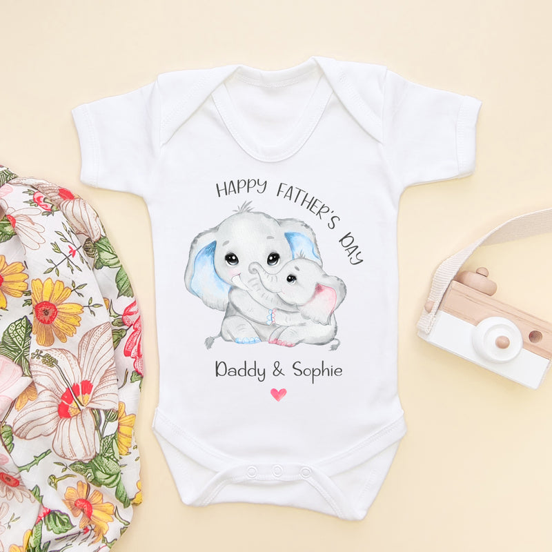 Happy Father's Day Cute Elephants (Girl) Personalised Baby Bodysuit (6550324346952)