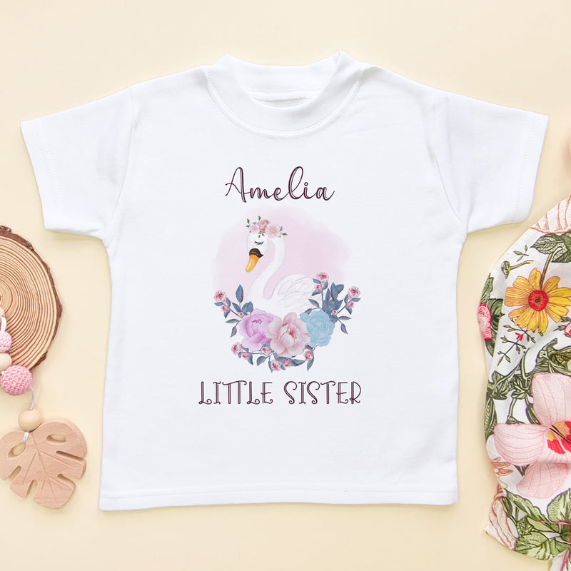 Personalised Little Sister Cute Swan T Shirt (5861784059976)