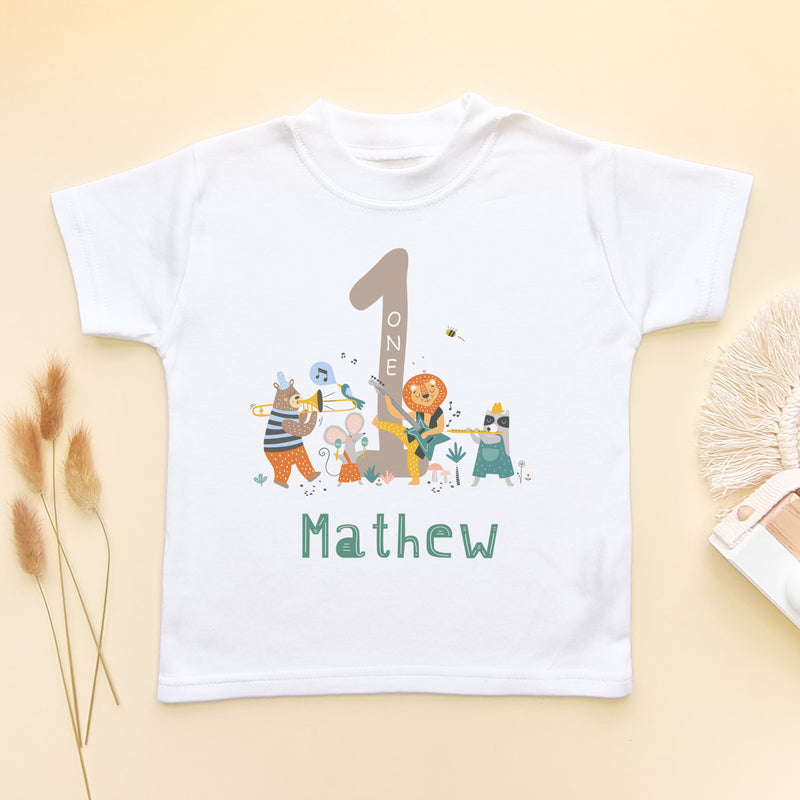 1st Birthday Animal Musicians Personalised T Shirt (6568535752776)