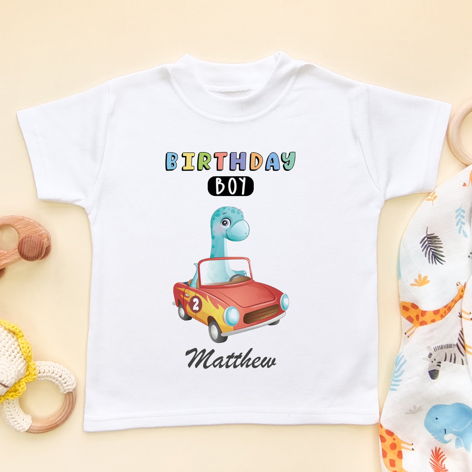 2nd Birthday Racing Dino Personalised T Shirt (6564941103176)