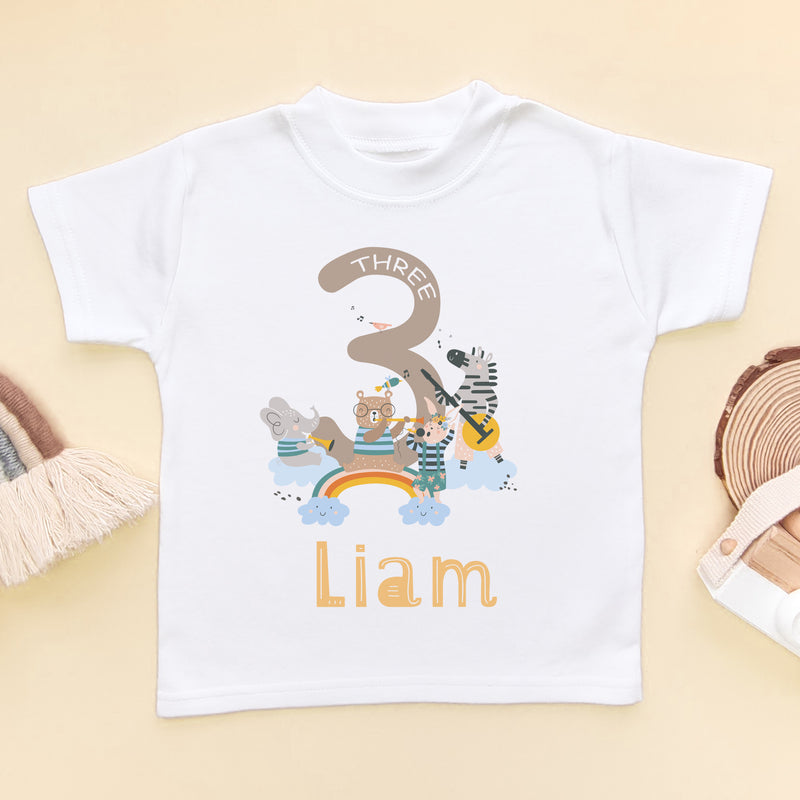 3rd Birthday Animal Musicians Personalised T Shirt (6568536113224)