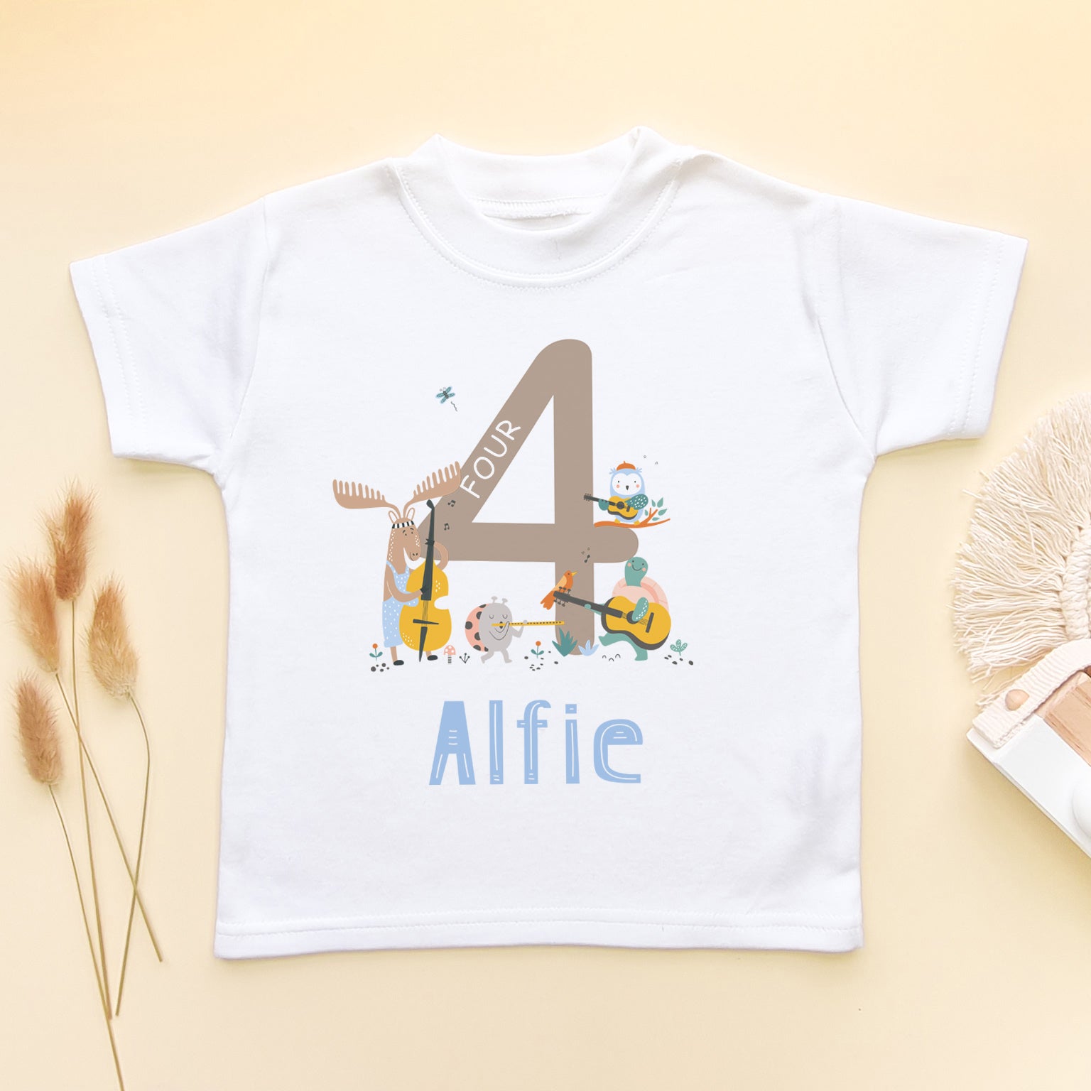 4th Birthday Animal Musicians Personalised T Shirt (6568536211528)