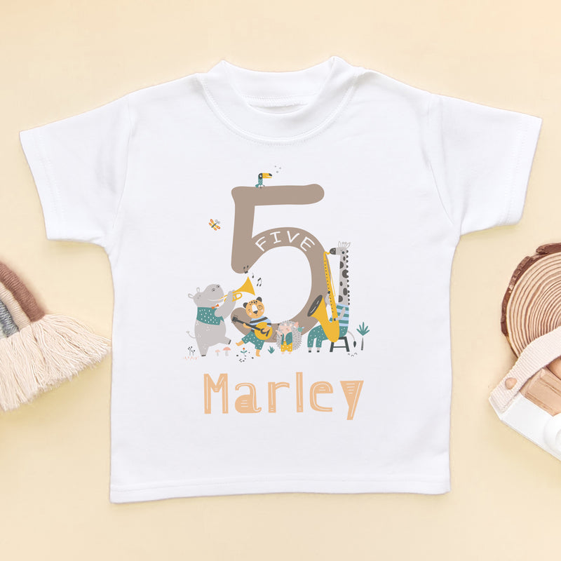 5th Birthday Animal Musicians Personalised T Shirt (6568536440904)