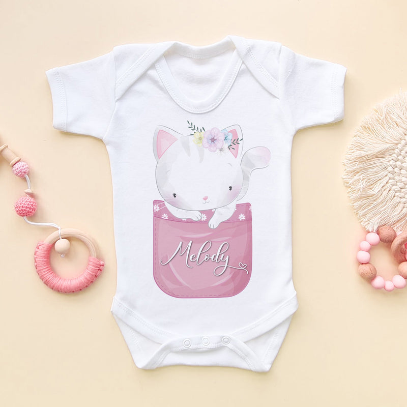 Cute Kitten In Pocket Personalised Name Baby Bodysuit - Little Lili Store (6609755832392)