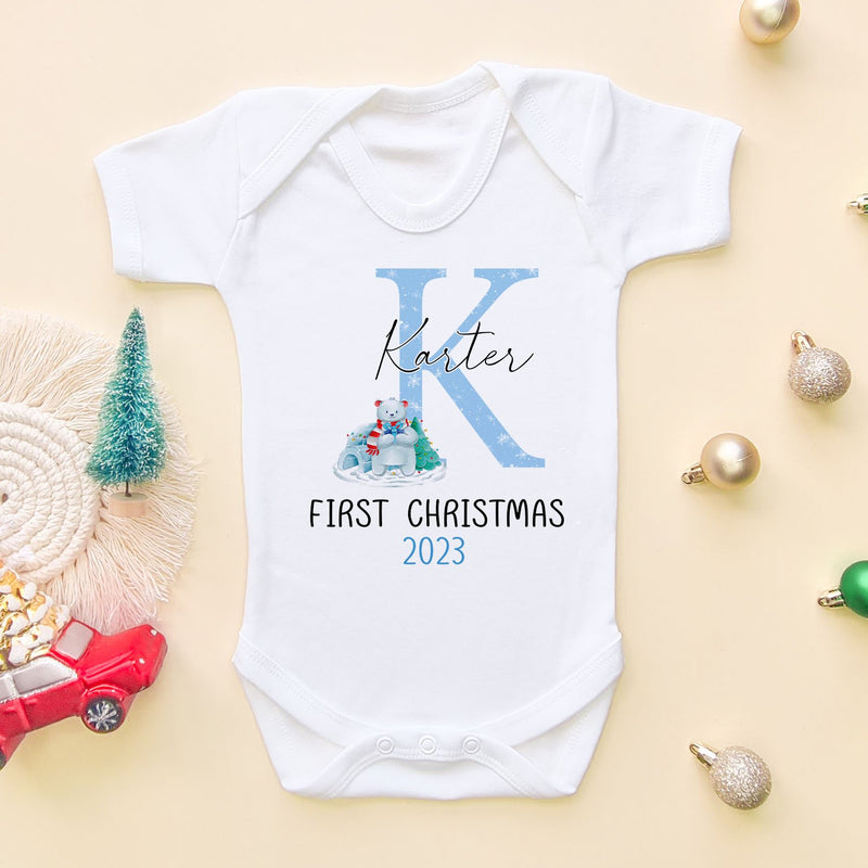 First Christmas Personalised (Blue) Baby Bodysuit - Little Lili Store (6581255864392)