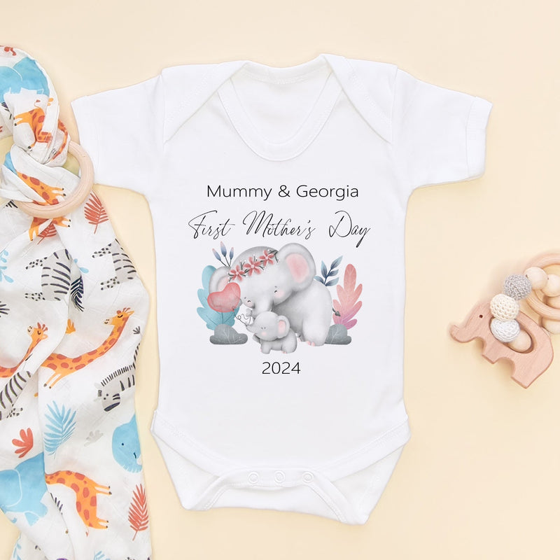 First Mother's Day Cute Elephants Personalised Baby Bodysuit - Little Lili Store (6607268937800)