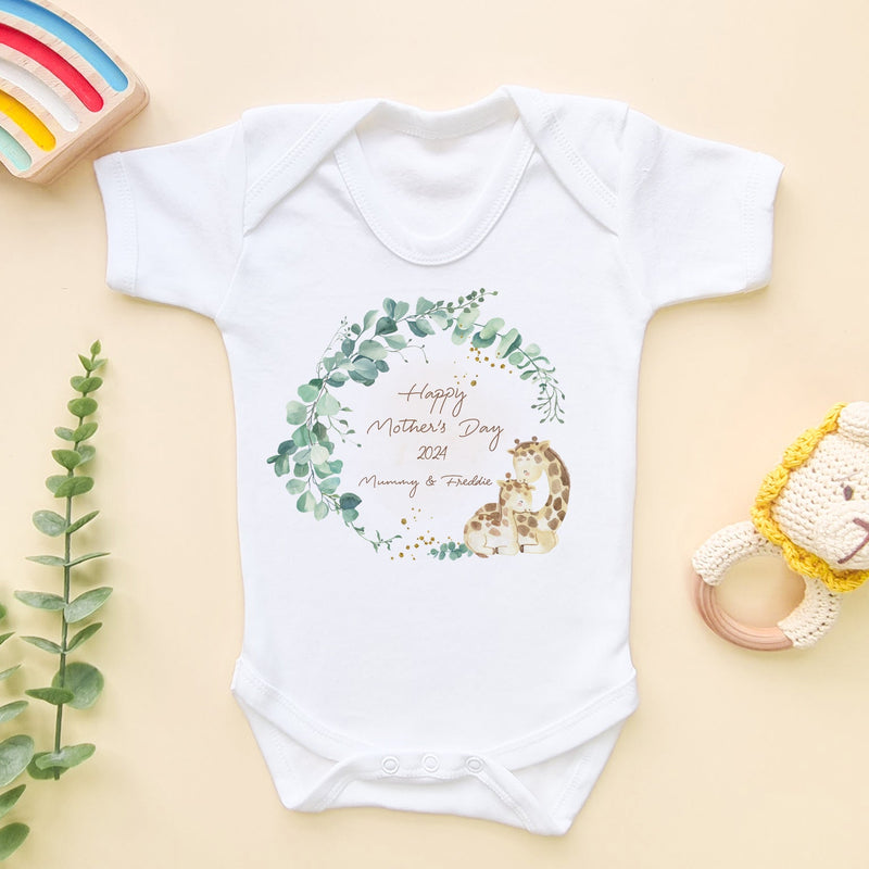 Giraffe Wreath Personalised Happy Mother's Day 2024 Baby Bodysuit - Little Lili Store (8114656936216)
