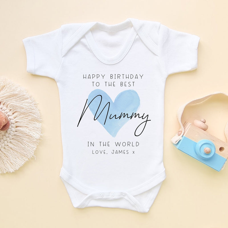 Happy Birthday Mummy Blue Heart Personalised Baby Bodysuit - Little Lili Store (8315523825944)