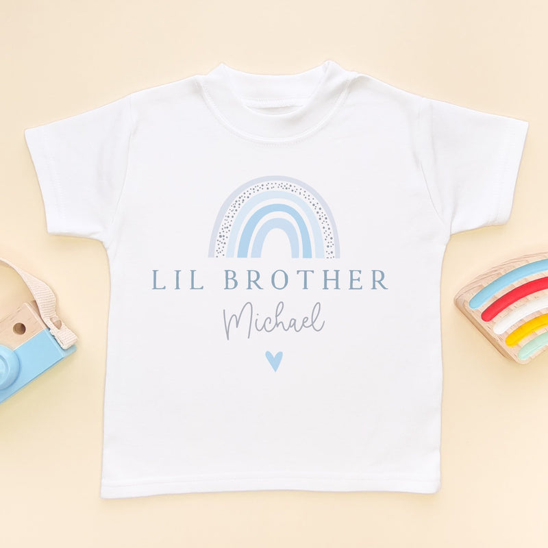 Lil Brother Blue Rainbow Personalised Toddler & Kids T Shirt - Little Lili Store (8855604429080)