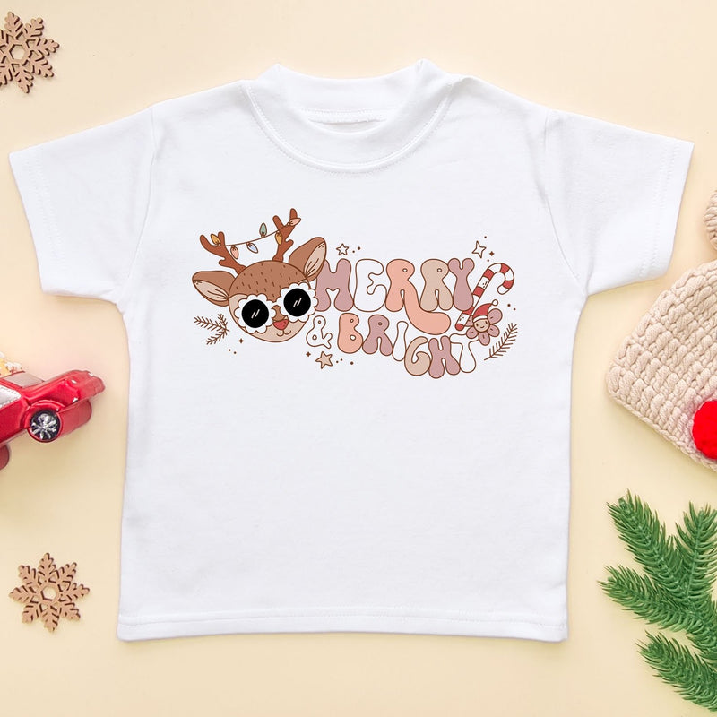 Merry & Bright Christmas Retro Reindeer T Shirt - Little Lili Store (6659139141704)