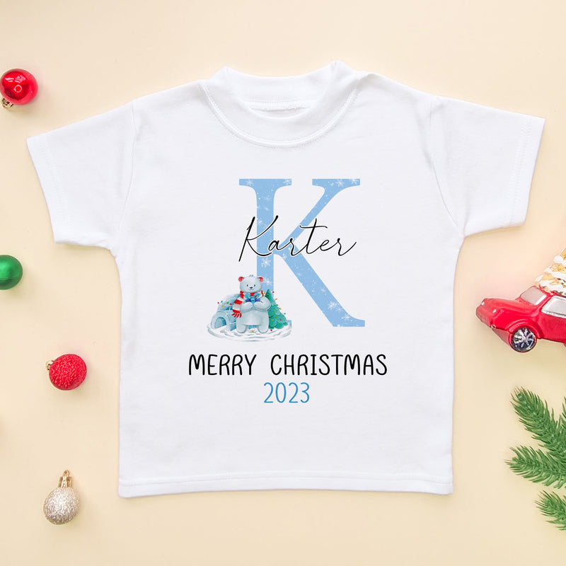 Merry Christmas Personalised (Blue) Toddler & Kids T Shirt - Little Lili Store (6581254291528)