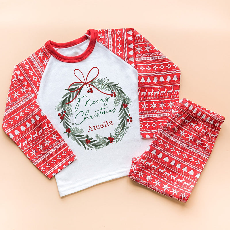 Merry Christmas Wreath Personalised Pyjamas Set - Little Lili Store (8754462195992)