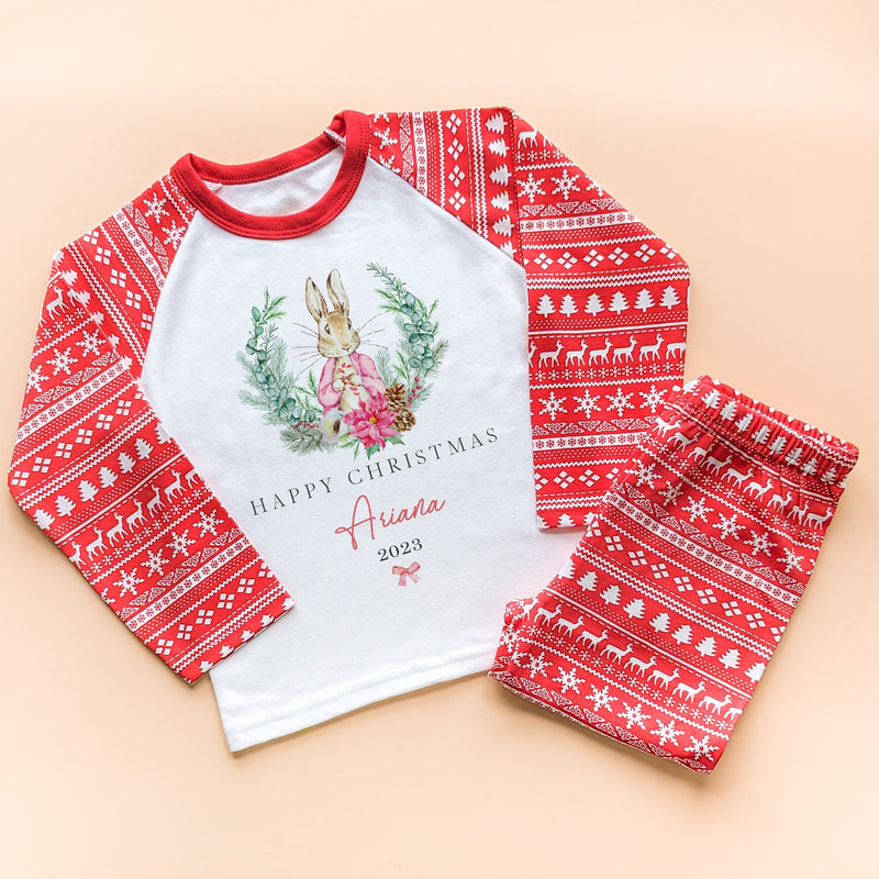 Merry Christmas Wreath Peter Rabbit Inspired Personalised Girl Toddler & Kids Pyjamas Set - Little Lili Store (8754534646040)
