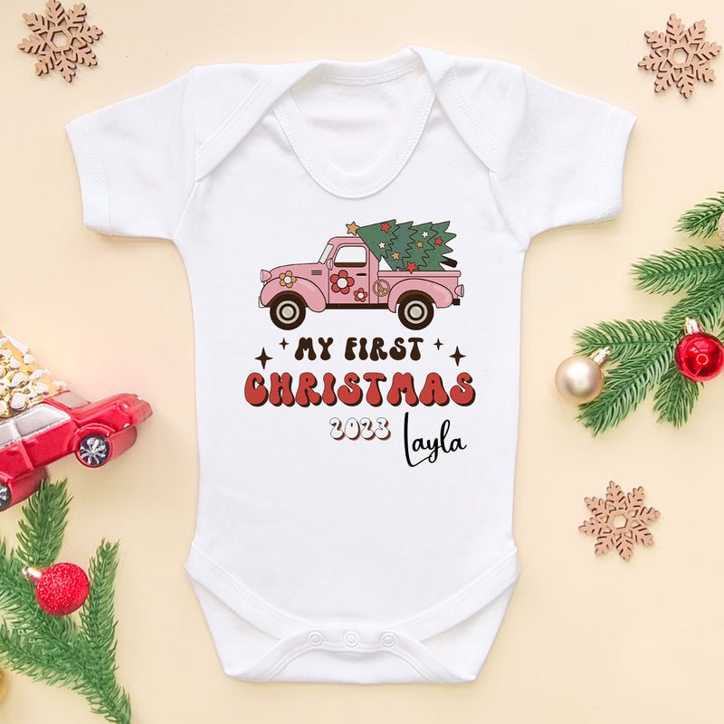 My First Christmas Retro Truck Personalised Baby Bodysuit - Little Lili Store (6659124789320)