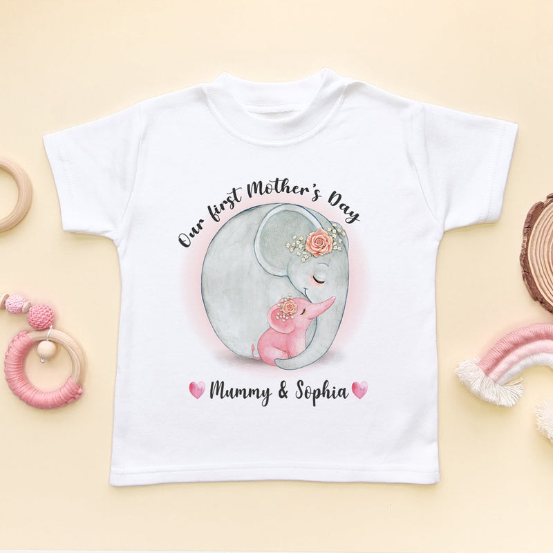 Our First Mother's Day Cute Elephants (Girl) Personalised T Shirt - Little Lili Store (6607271100488)