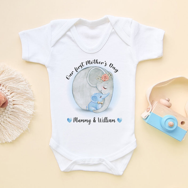 Our First Mother's Day Elephants (Boy) Personalised Baby Bodysuit - Little Lili Store (6607268970568)
