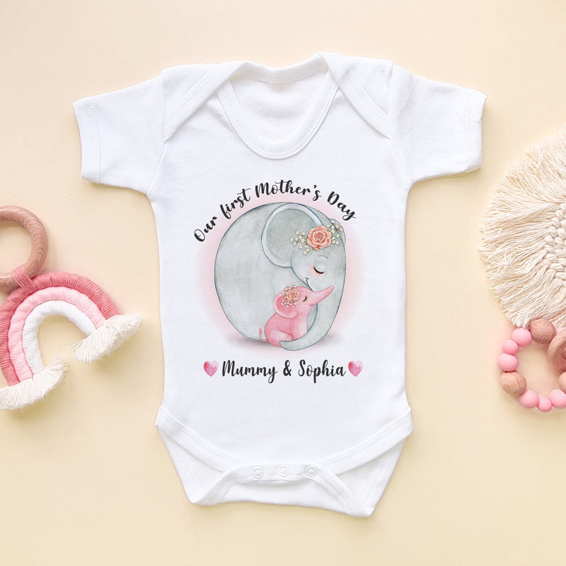 Our First Mother's Day Elephants (Girl) Personalised Baby Bodysuit - Little Lili Store (6607267201096)