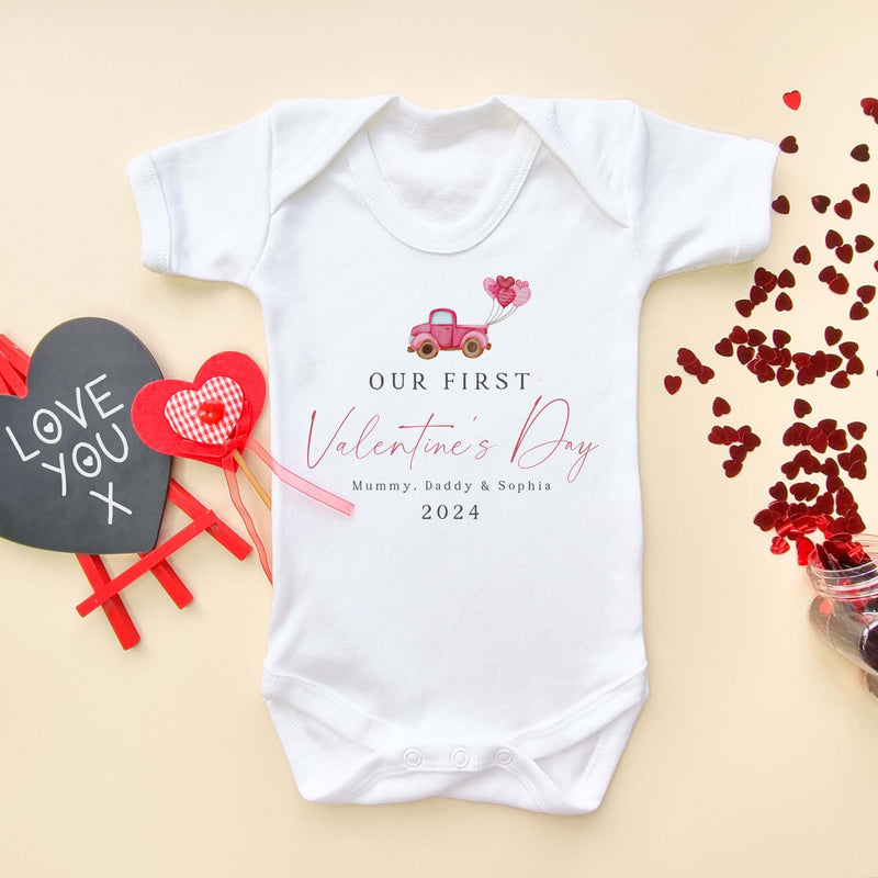 Our First Valentines Day Truck Personalised Baby Bodysuit - Little Lili Store (8896121307416)