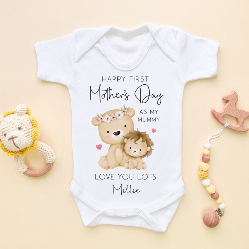 Personalised Happy First Mother's Day Cute Lions Baby Bodysuit - Little Lili Store (8157847290136)