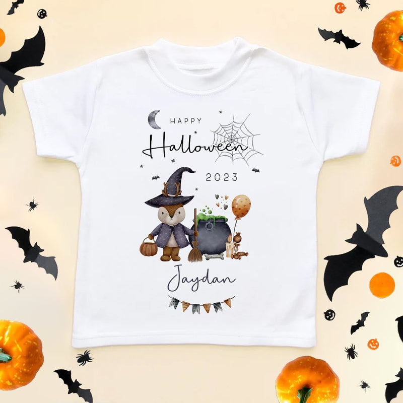 Personalised Happy Halloween Deer Witch 2023 Toddler & Kids T Shirt - Little Lili Store (8595844071704)