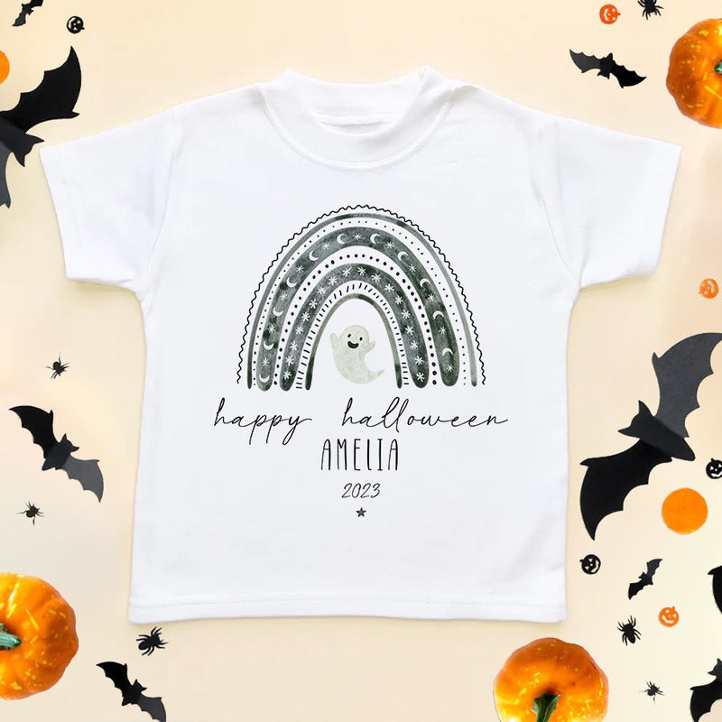 Personalised Happy Halloween Ghost Rainbow Toddler & Kids T Shirt - Little Lili Store (8595849871640)