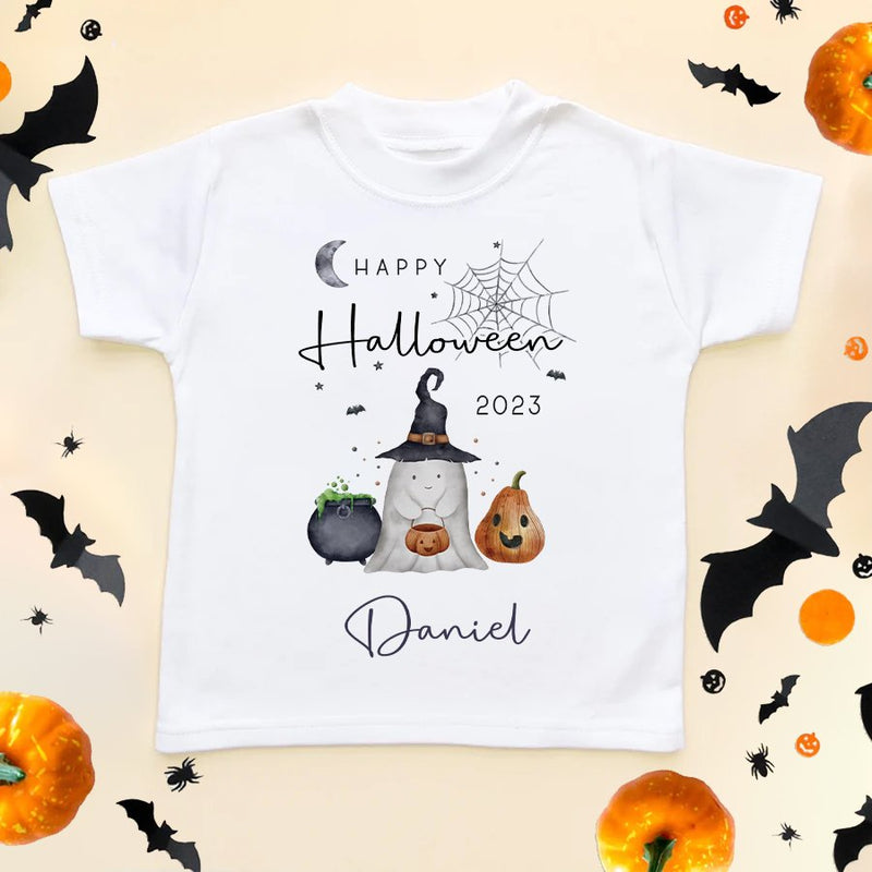 Personalised Happy Halloween Ghost Witch 2023 Toddler & Kids T Shirt - Little Lili Store (8595844628760)