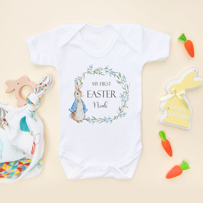 Personalised My First Easter Peter Rabbit Inspired Wreath (Boy) Baby Bodysuit - Little Lili Store (8147670728984)