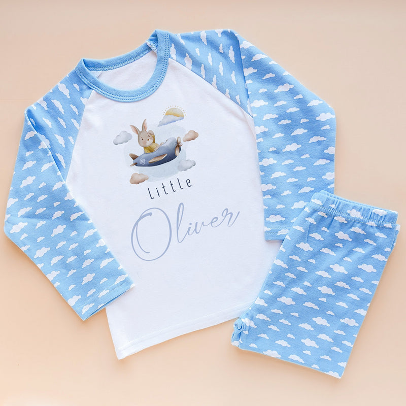 Personalised Name Flying Bunny Blue Pyjamas Set - Little Lili Store (8582836781336)