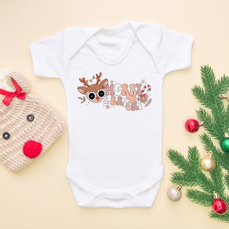 Retro Merry & Bright Christmas Reindeer Baby Bodysuit - Little Lili Store (6659136553032)