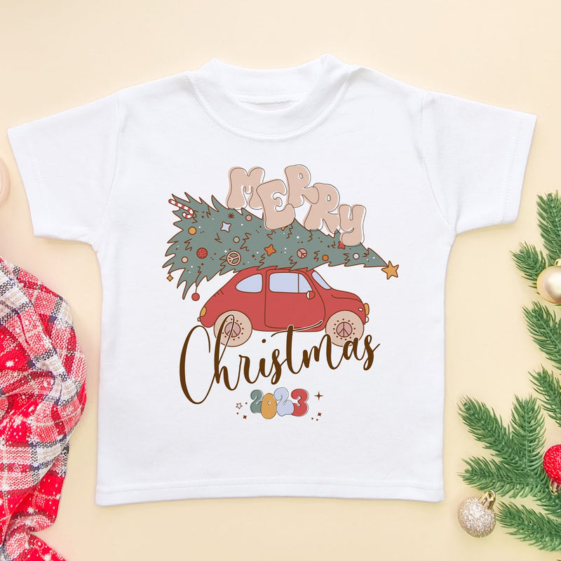 Retro Merry Christmas Truck 2023 Toddler & Kids T Shirt - Little Lili Store (6659137634376)