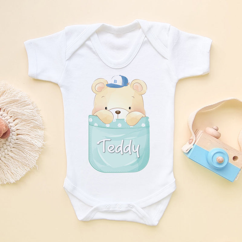 Teddy Bear In Pocket Personalised Name Baby Bodysuit - Little Lili Store (6609755766856)