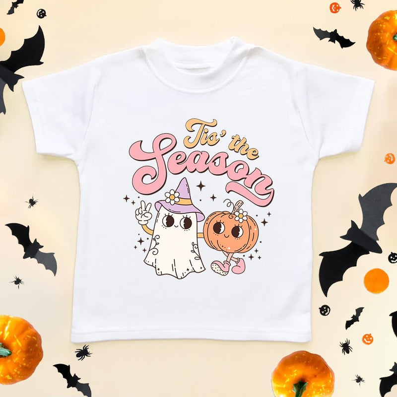 Tis' the Season Cute Retro Ghost Pumpkin Toddler & Kids T Shirt - Little Lili Store (8626075271448)