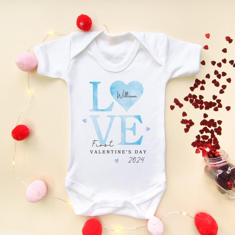 Valentine's Day Love Blue Personalised Name Baby Bodysuit - Little Lili Store (8896127467800)