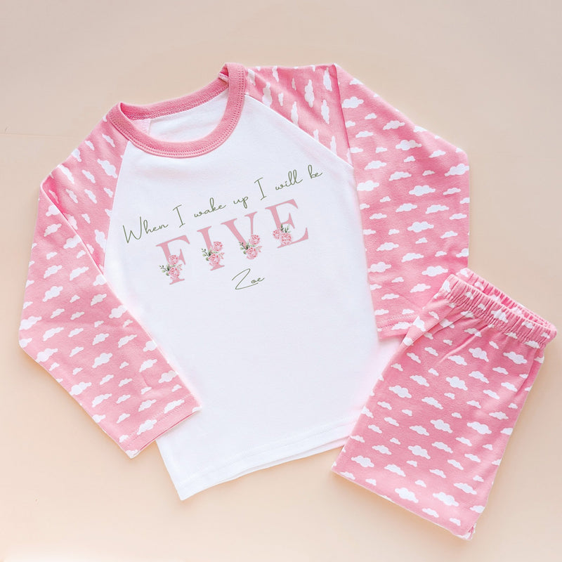 When I Wake Up I Will Be Five Personalised Birthday Pink Floral Pyjamas Set - Little Lili Store (8569906823448)