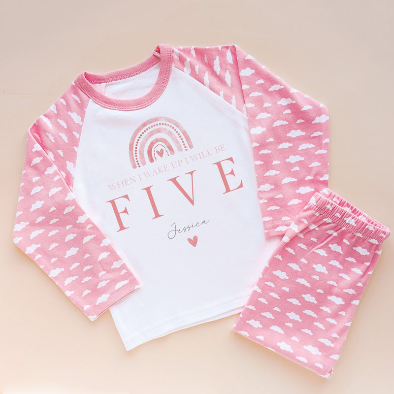 When I Wake Up I Will Be Five Personalised Pink Rainbow Birthday Pyjamas Set - Little Lili Store (8568662982936)