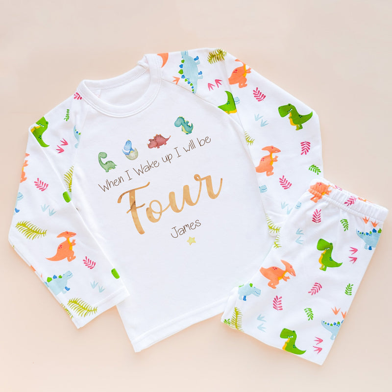 When I Wake Up I Will Be Four Personalised Birthday Pyjamas Dino Set - Little Lili Store (8565335949592)