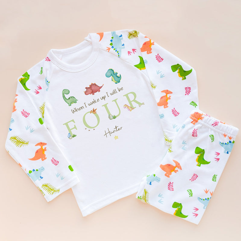 When I Wake Up I Will Be Four Personalised Birthday Pyjamas Dinosaur Set - Little Lili Store (8565672050968)