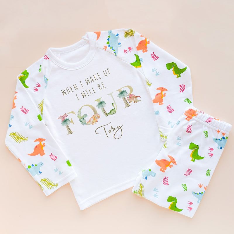 When I Wake Up I Will Be Four Personalised Birthday Pyjamas Set Dinosaurs - Little Lili Store (8565313339672)