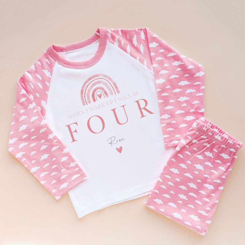When I Wake Up I Will Be Four Personalised Pink Rainbow Birthday Pyjamas Set - Little Lili Store (8568663900440)